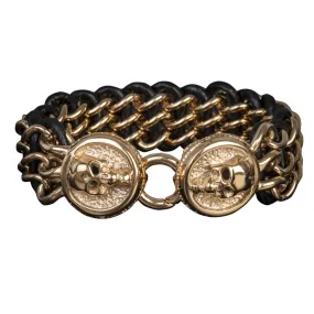 Men's Leather Yellow Gold Skull Bracelet