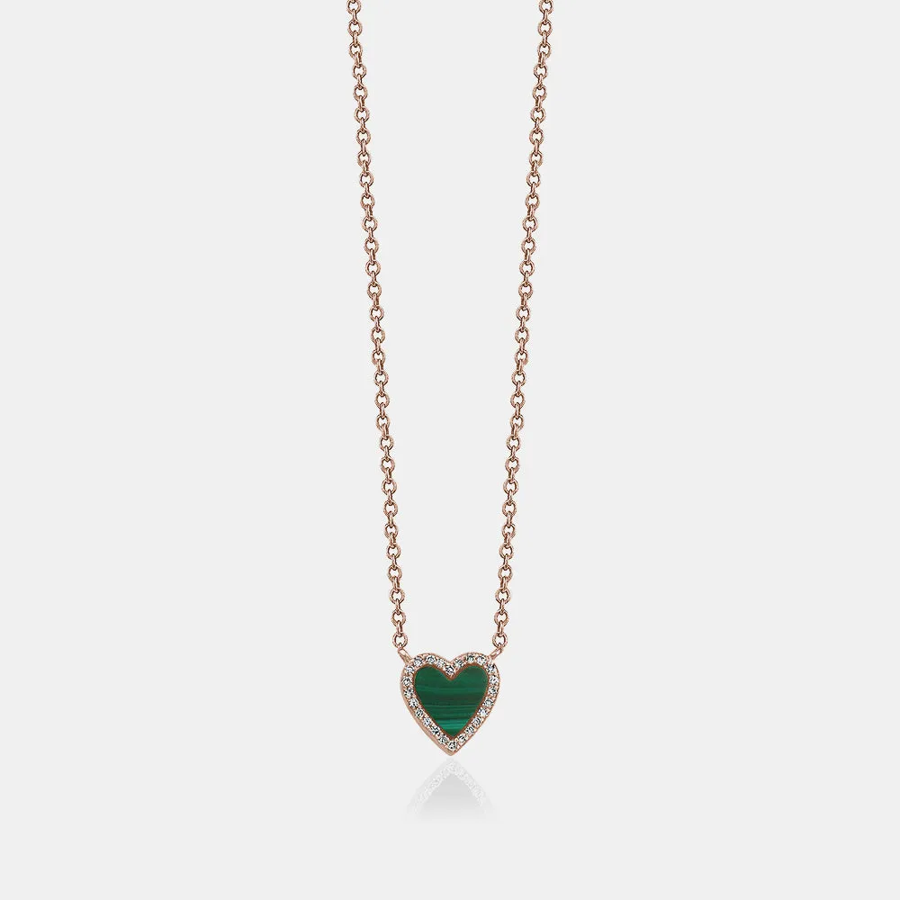 Mini Malachite Diamond Border Heart Necklace