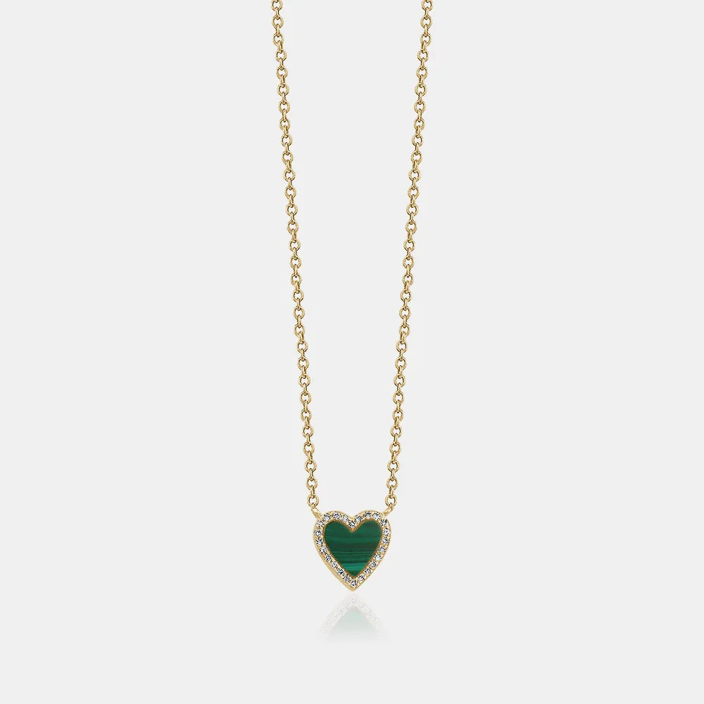 Mini Malachite Diamond Border Heart Necklace