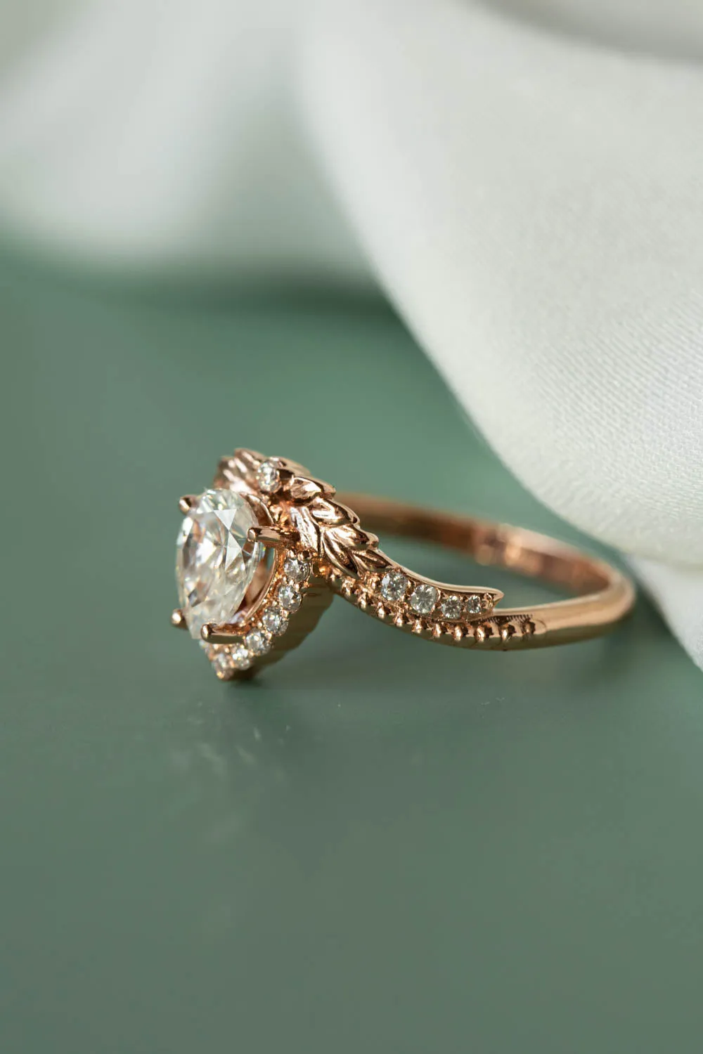 Moissanite leaf engagement ring, antique style rose gold ring with diamonds / Lyonella