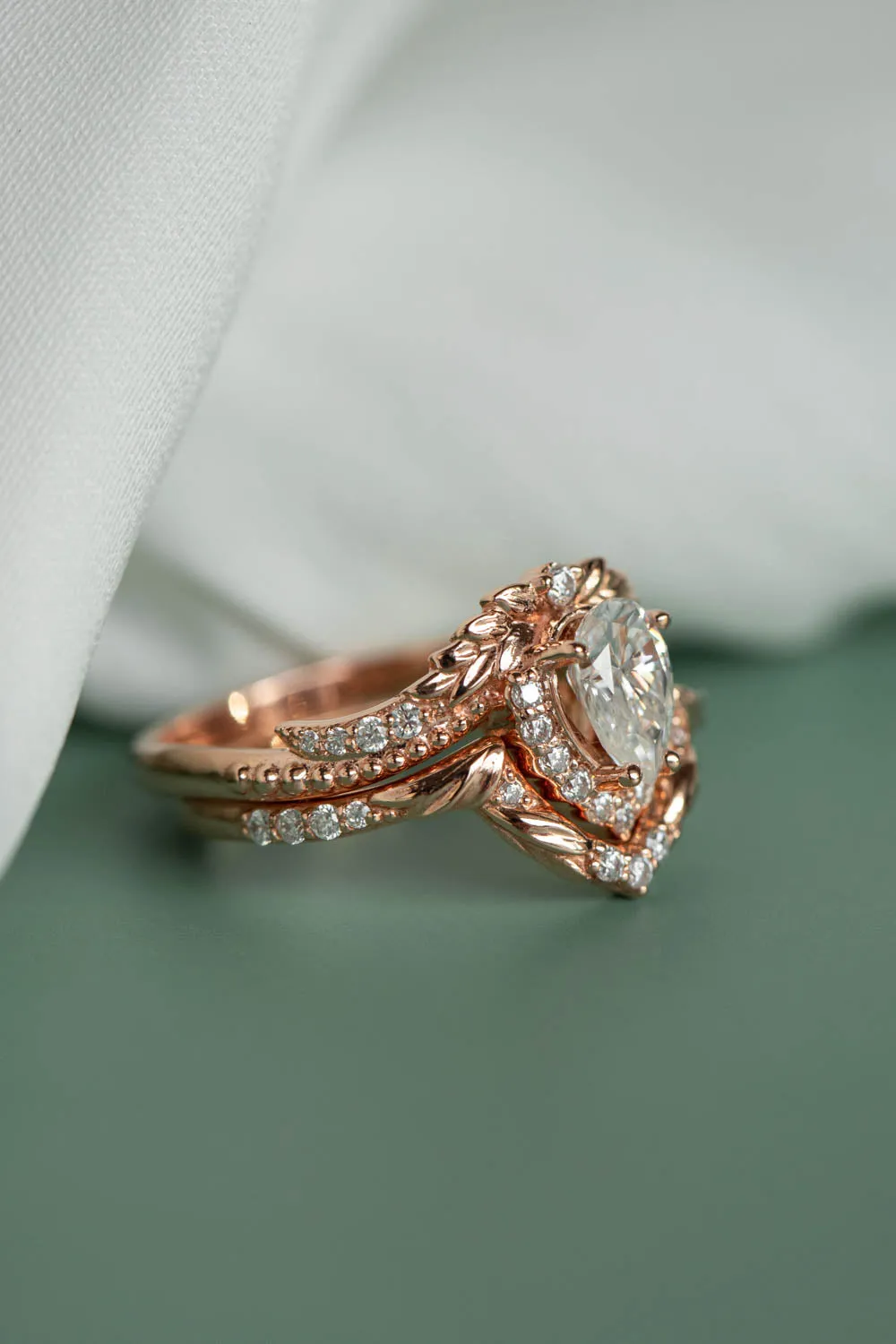 Moissanite leaf engagement ring, antique style rose gold ring with diamonds / Lyonella