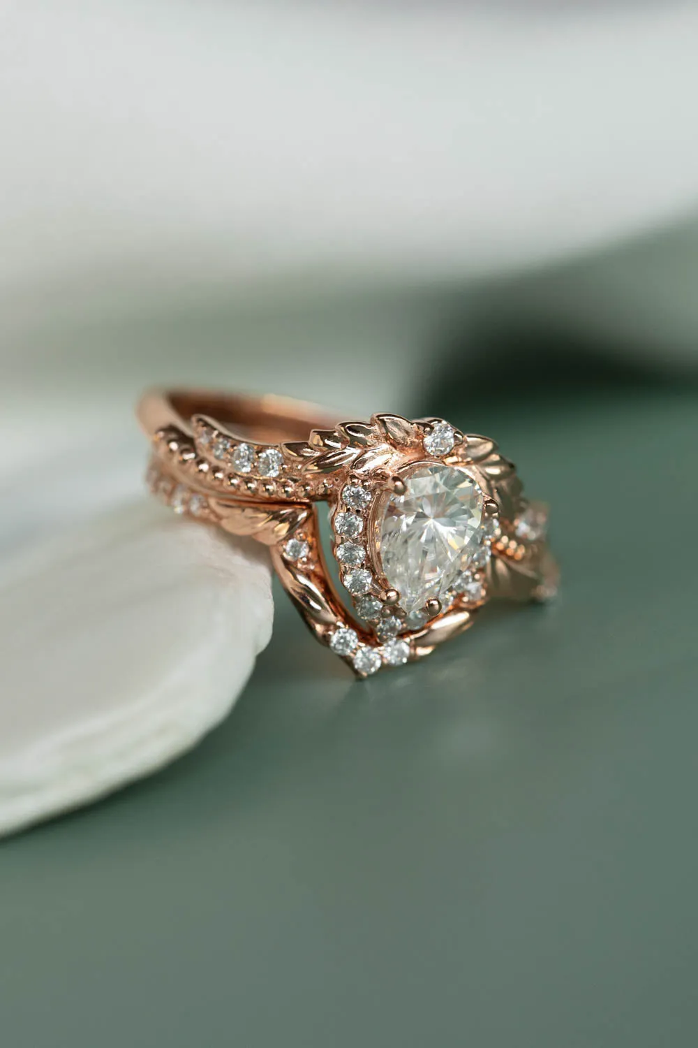 Moissanite leaf engagement ring, antique style rose gold ring with diamonds / Lyonella