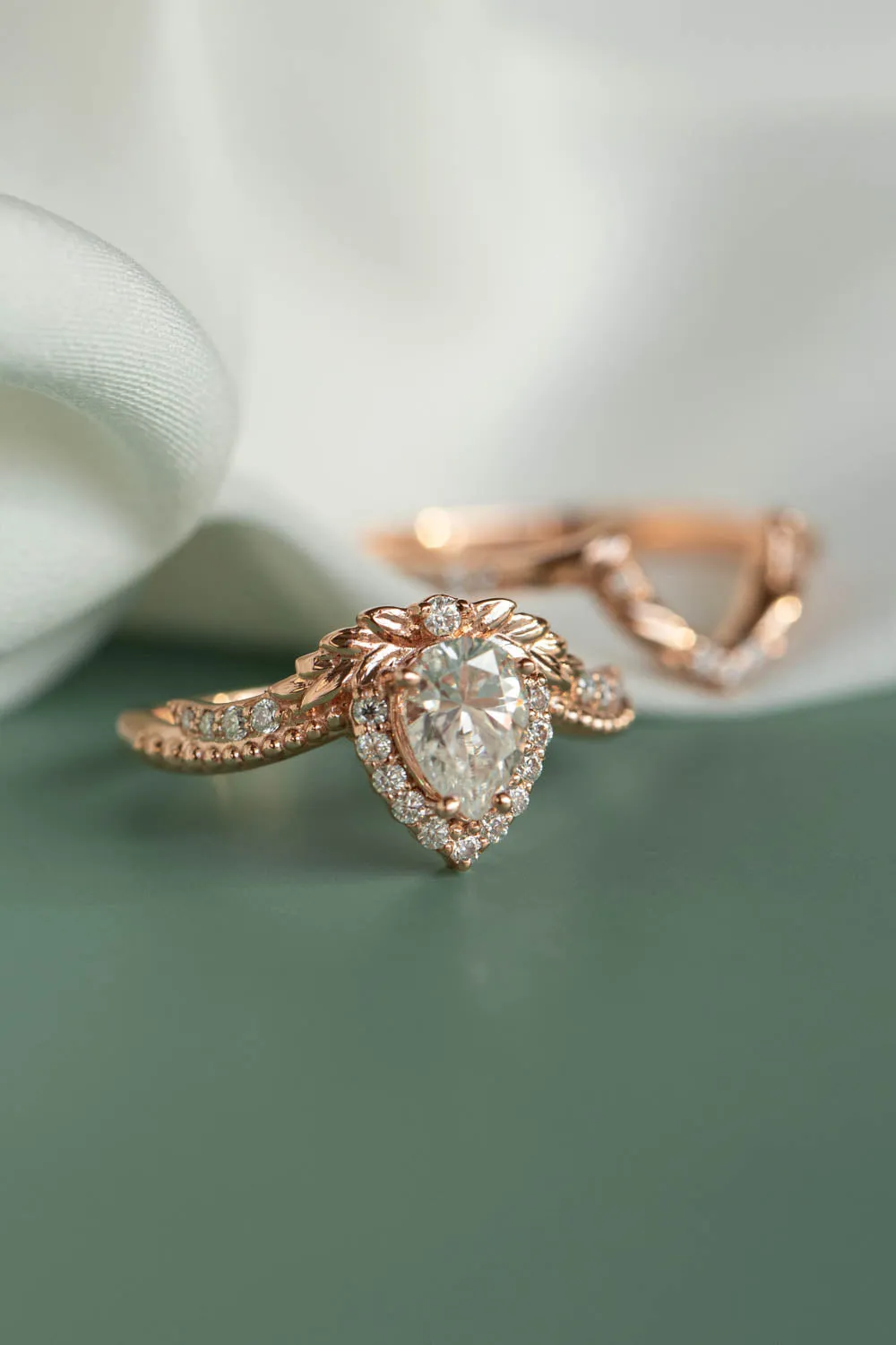 Moissanite leaf engagement ring, antique style rose gold ring with diamonds / Lyonella