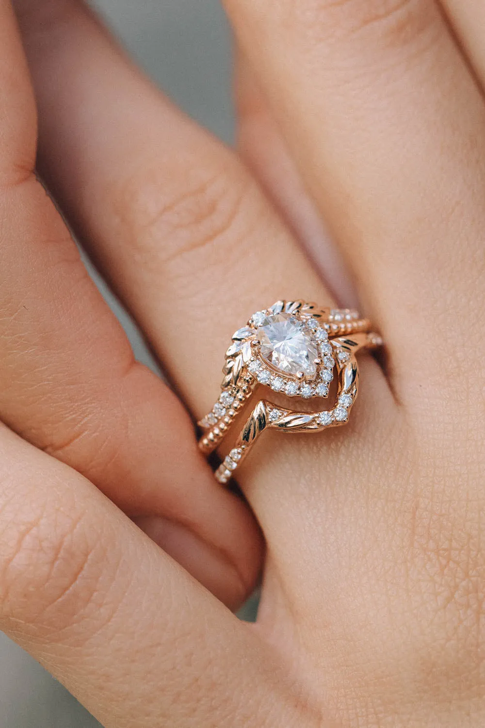 Moissanite leaf engagement ring, antique style rose gold ring with diamonds / Lyonella