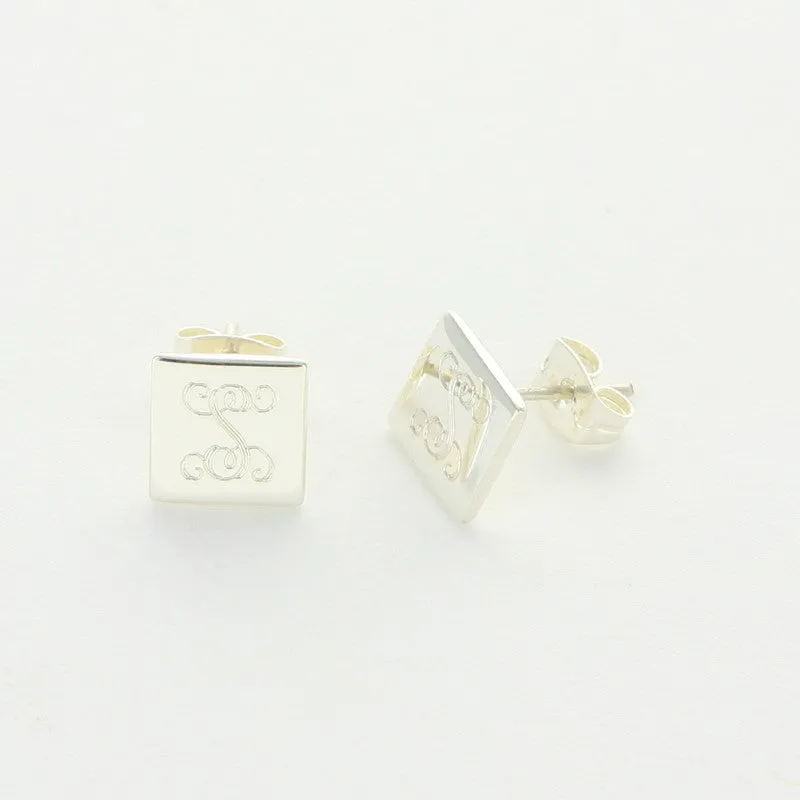 Monogram Sterling Silver Square Stud Earrings