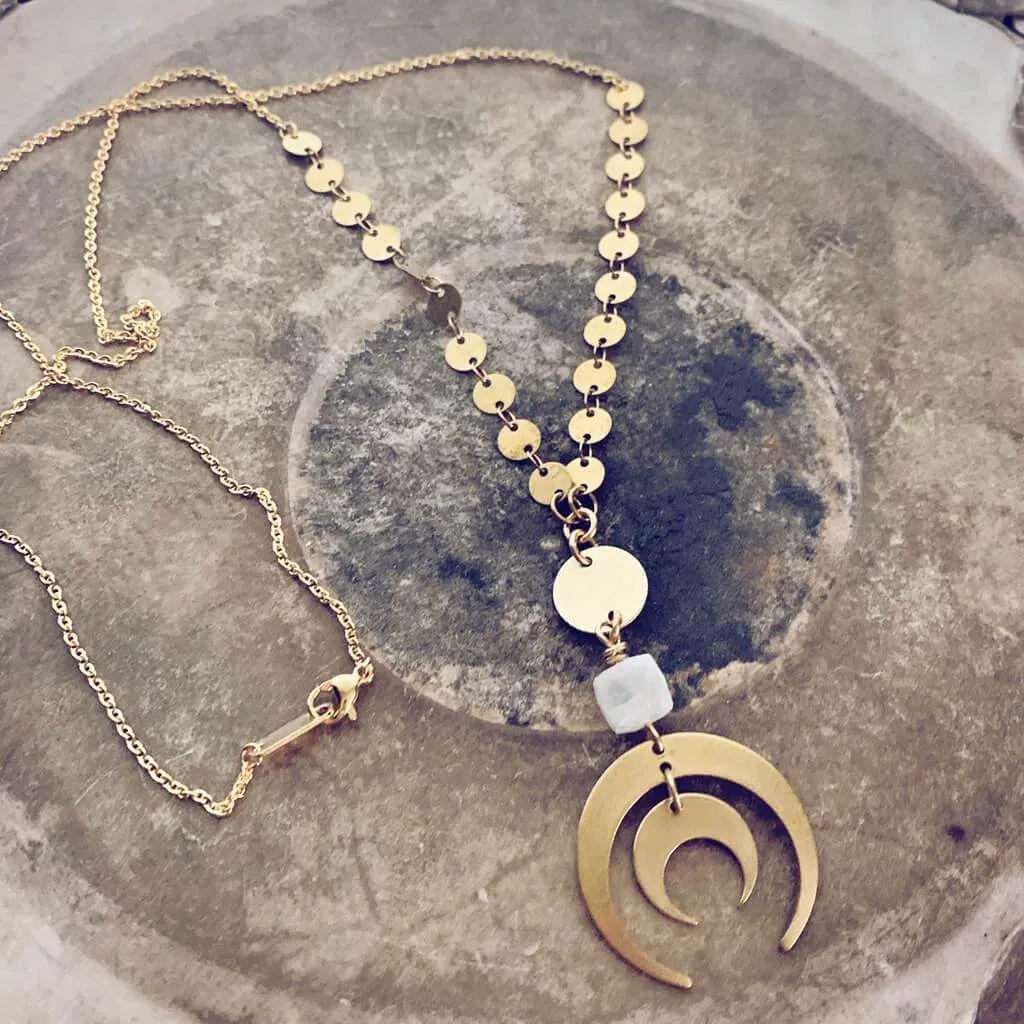 moon gazer // full moon, moonstone & crescent moons boho brass pendant necklace