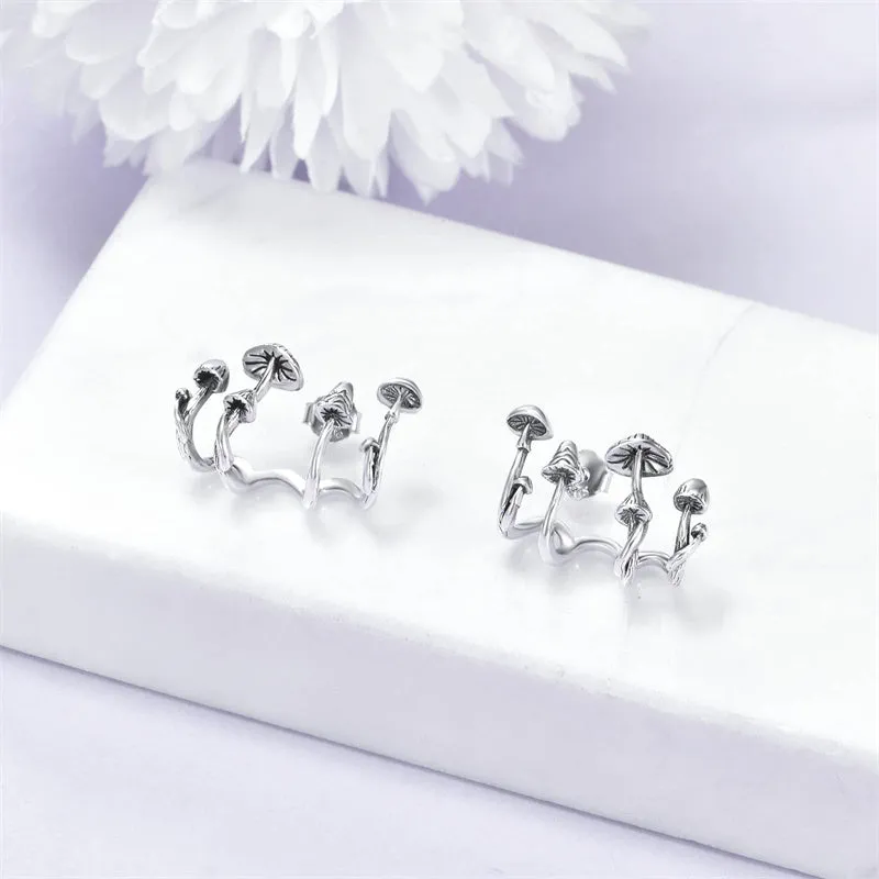 Mushroom Sterling Silver Stud Cuff Hypoallergenic Hoop Earrings for Women Teen Girls Christmas Gifts