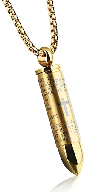 New Lord Bible Prayer Cross Gold Bullet Pendant Necklace Men's Jewelry