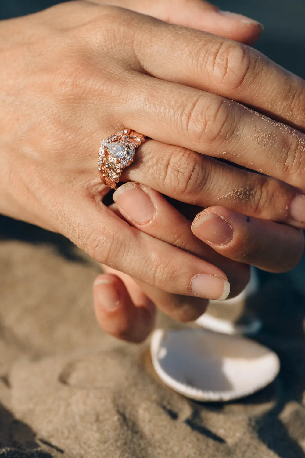 Oak leaves bridal ring set with pear moissanite, diamond engagement and wedding rings / Royal Oak