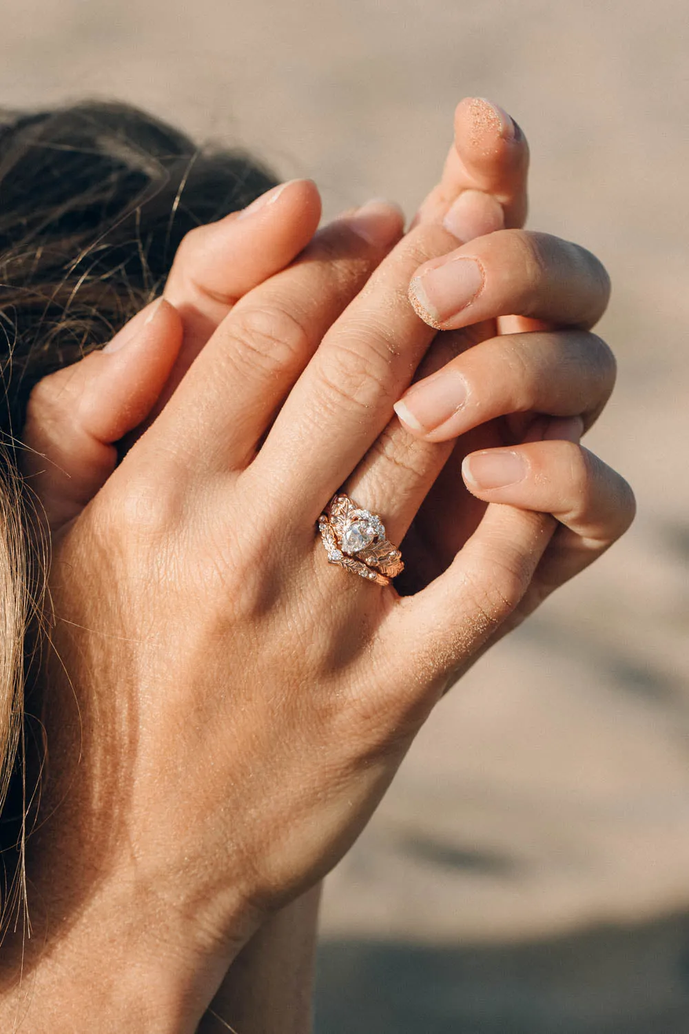 Oak leaves bridal ring set with pear moissanite, diamond engagement and wedding rings / Royal Oak