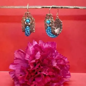 Oaxaca hoop filigree earrings with turquoise beads-Frida Kahlo earrings-large