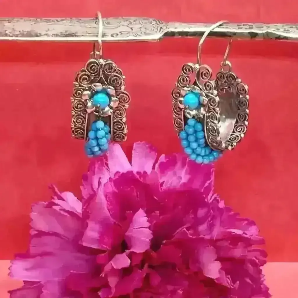 Oaxaca hoop filigree earrings with turquoise beads-Frida Kahlo earrings-large