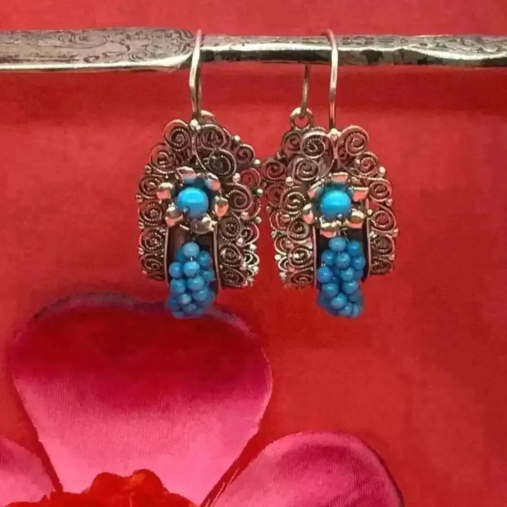 Oaxaca hoop filigree earrings with turquoise beads-Frida Kahlo earrings-large