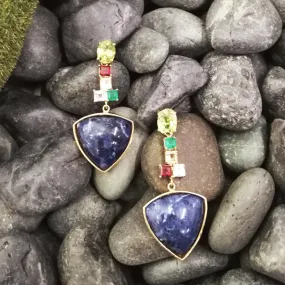 Peridot Stud with Green Agate, Citrine, White Zircon, Red Garnet & Lapiz Lazuli Dangle Twinset Earrings