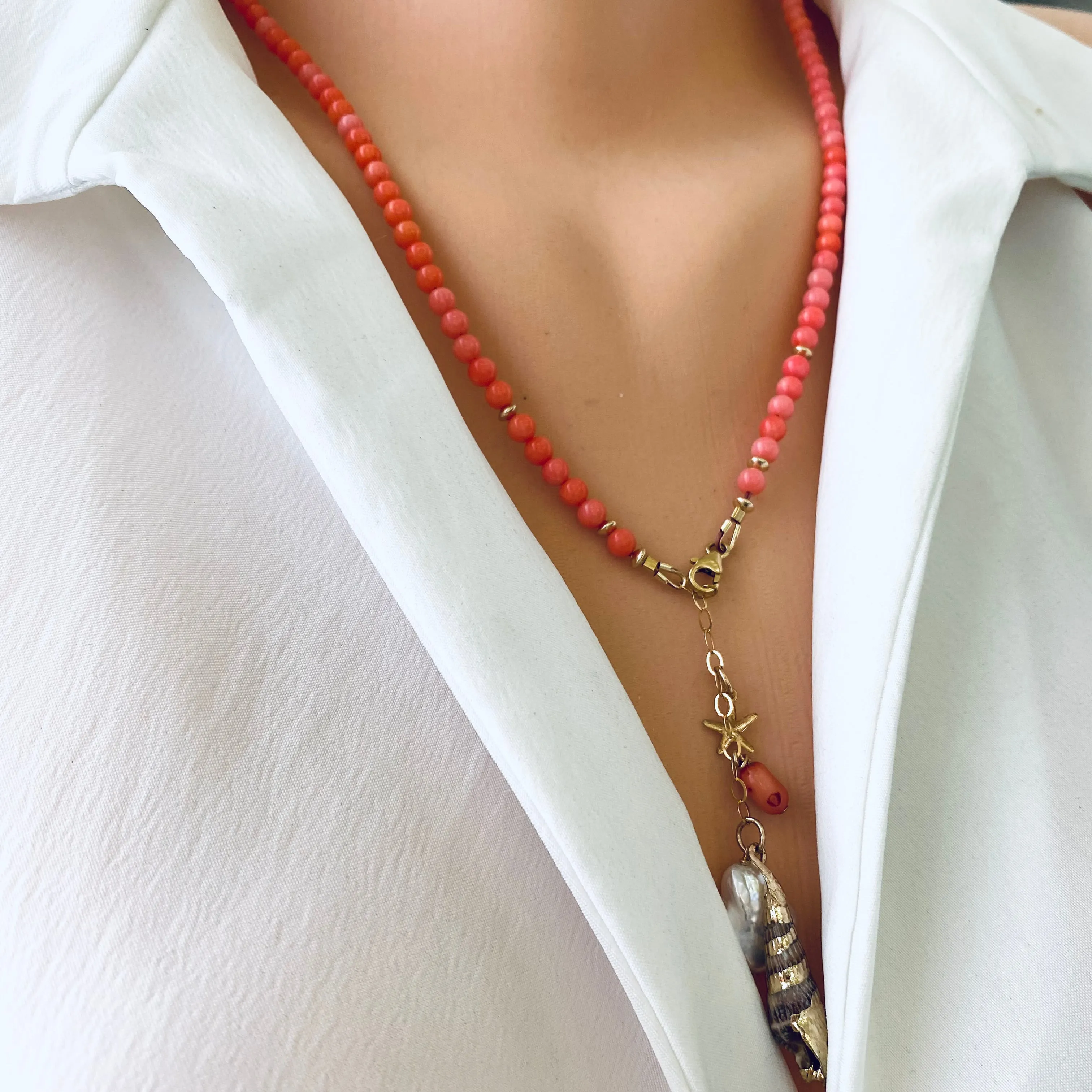 Pink Bamboo Coral Necklace with a Tiny Gold filled Starfish, Pearl and Shell Pendant 18.5or20.5in