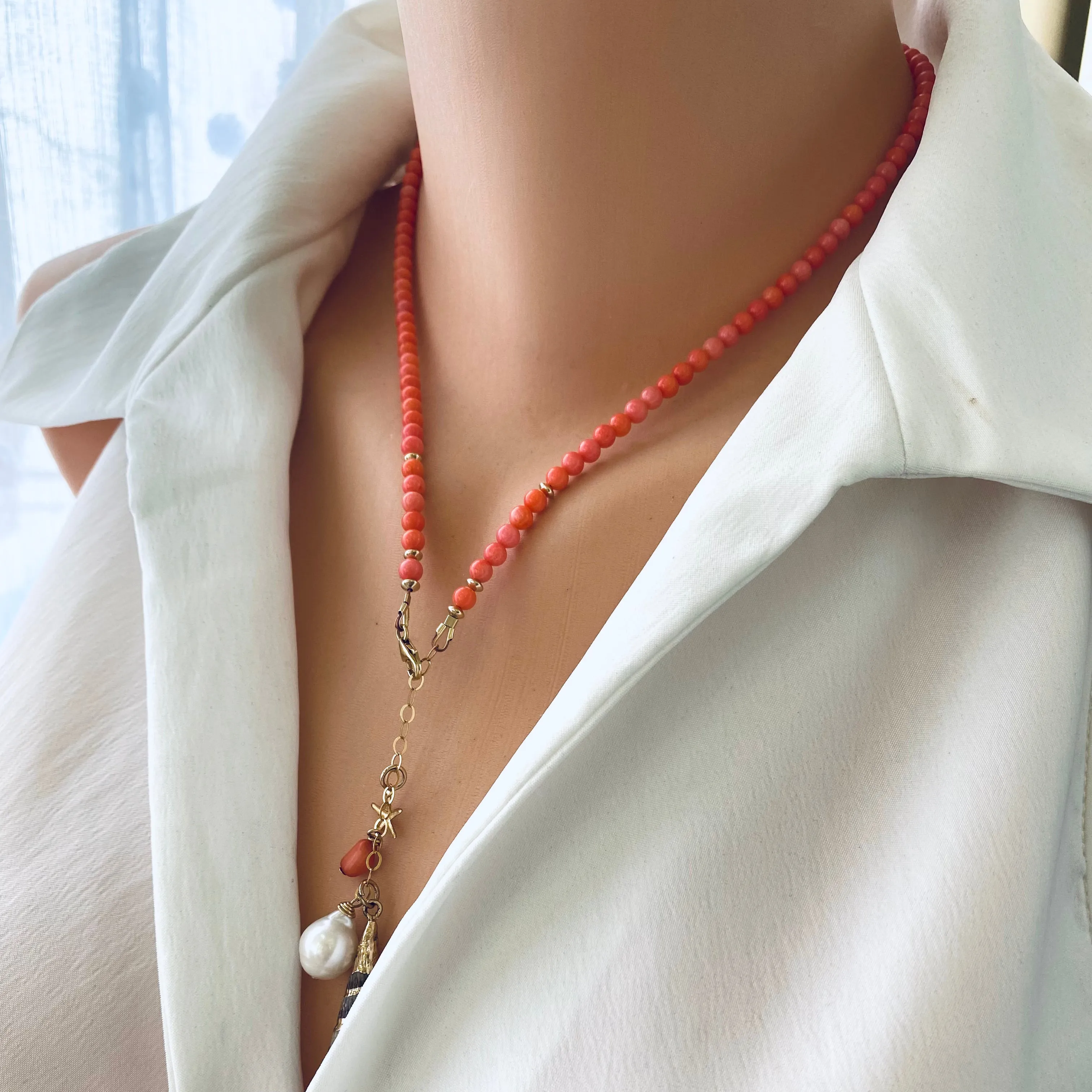 Pink Bamboo Coral Necklace with a Tiny Gold filled Starfish, Pearl and Shell Pendant 18.5or20.5in