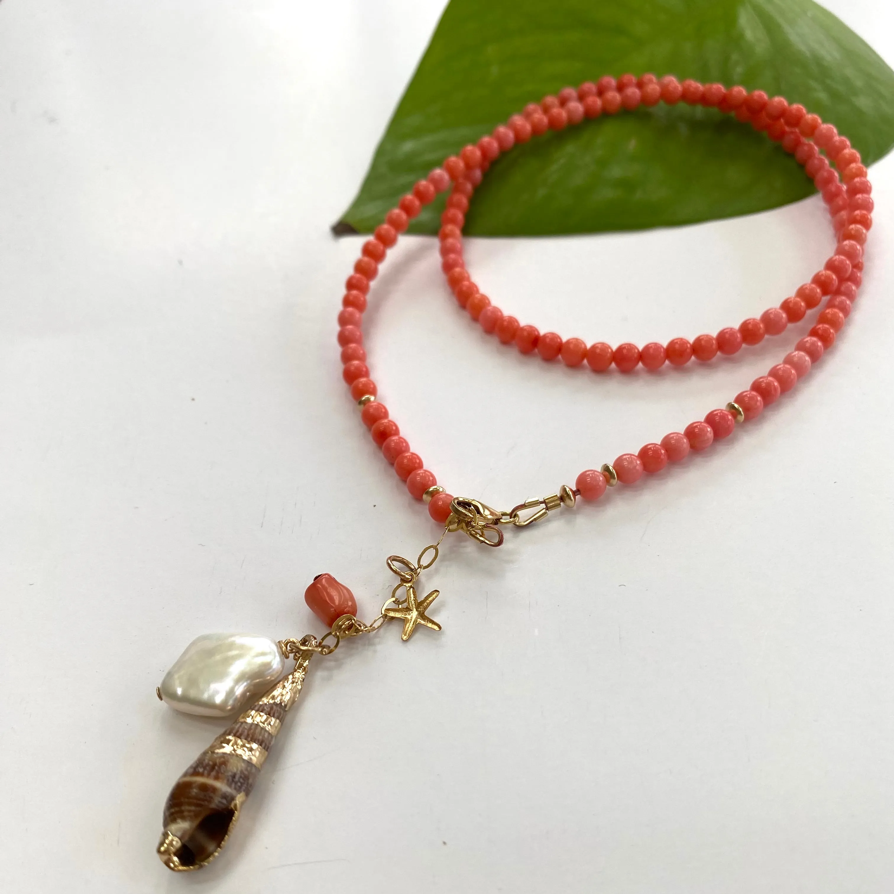 Pink Bamboo Coral Necklace with a Tiny Gold filled Starfish, Pearl and Shell Pendant 18.5or20.5in