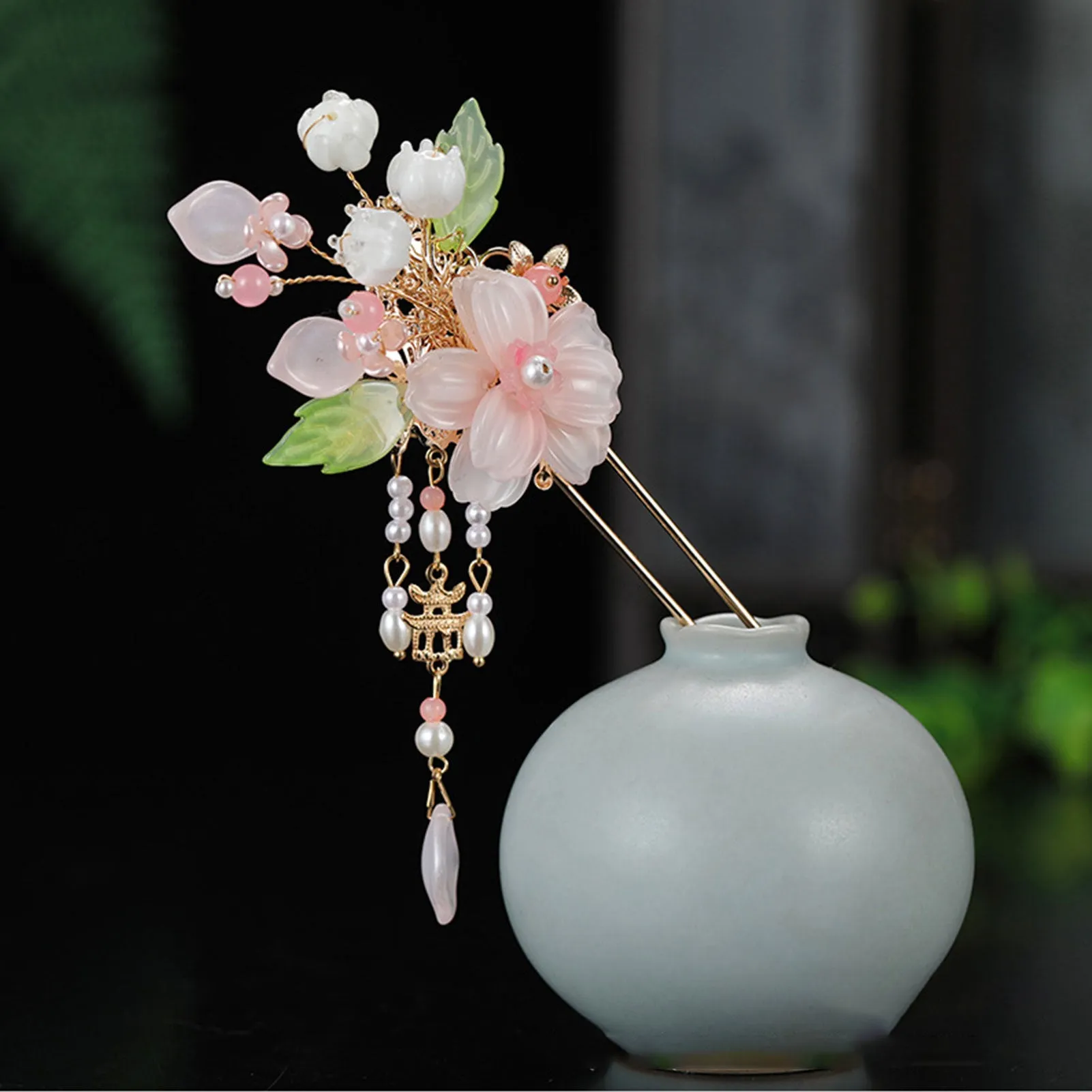 Pink White Flower Pearl Wedding Bridal Hair Stick Headwear