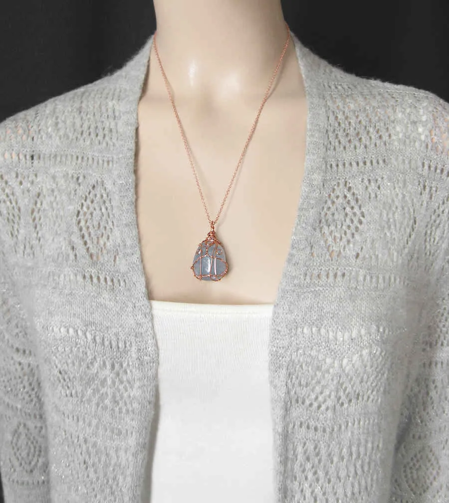 Polished Blue Celestite Pendant Necklace, Copper Wire-Wrapped, with 20 Chain, Handmade  #9