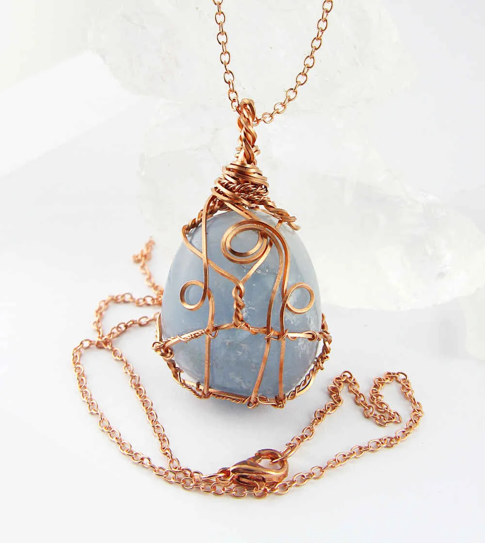 Polished Blue Celestite Pendant Necklace, Copper Wire-Wrapped, with 20 Chain, Handmade  #9