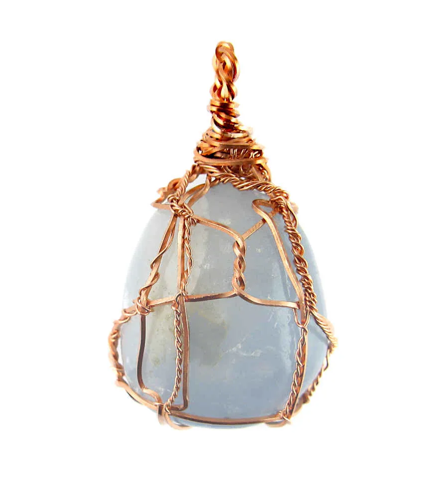 Polished Blue Celestite Pendant Necklace, Copper Wire-Wrapped, with 20 Chain, Handmade  #9