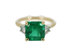 Princess Cut Emerald and Baguette Diamonds Engagement Ring