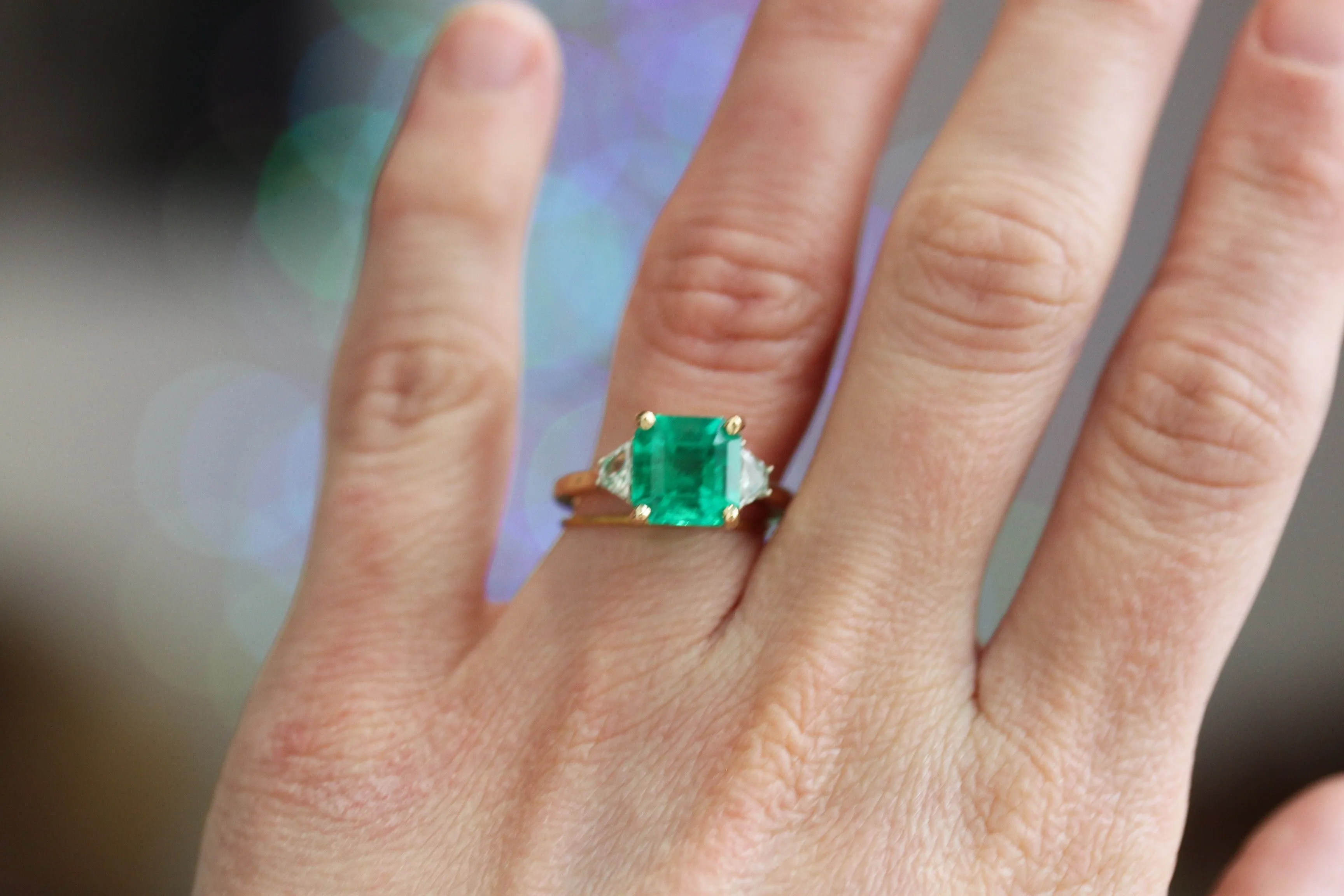 Princess Cut Emerald and Baguette Diamonds Engagement Ring