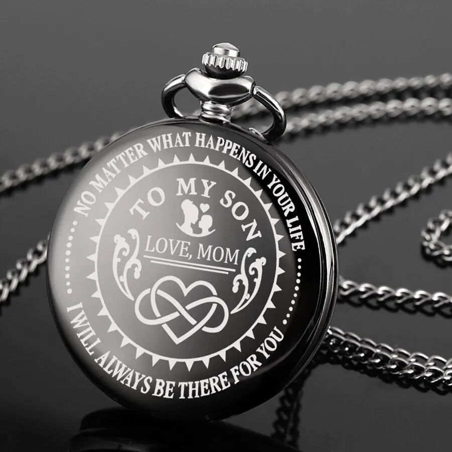 "To My Son Love Mom" Quartz Necklace Chain Pendant Pocket Watch