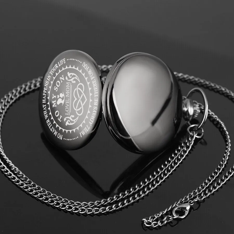 "To My Son Love Mom" Quartz Necklace Chain Pendant Pocket Watch