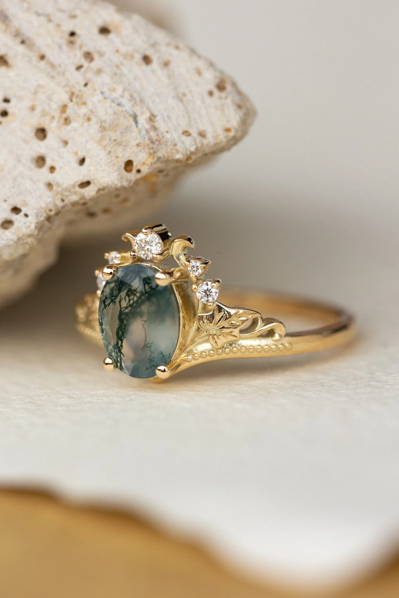 READY TO SHIP: Ariadne ring in 14K yellow gold, natural moss agate oval cut 8x6 mm, accent moissanites, AVAILABLE RING SIZES: 6-8US