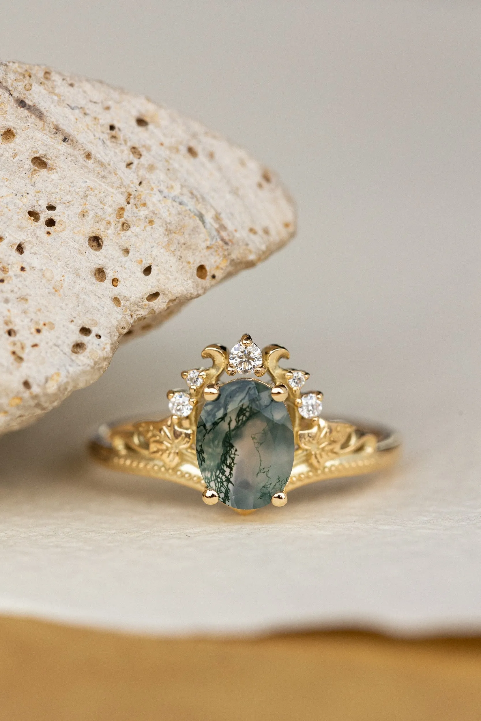 READY TO SHIP: Ariadne ring in 14K yellow gold, natural moss agate oval cut 8x6 mm, accent moissanites, AVAILABLE RING SIZES: 6-8US