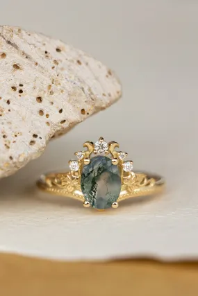 READY TO SHIP: Ariadne ring in 14K yellow gold, natural moss agate oval cut 8x6 mm, accent moissanites, AVAILABLE RING SIZES: 6-8US