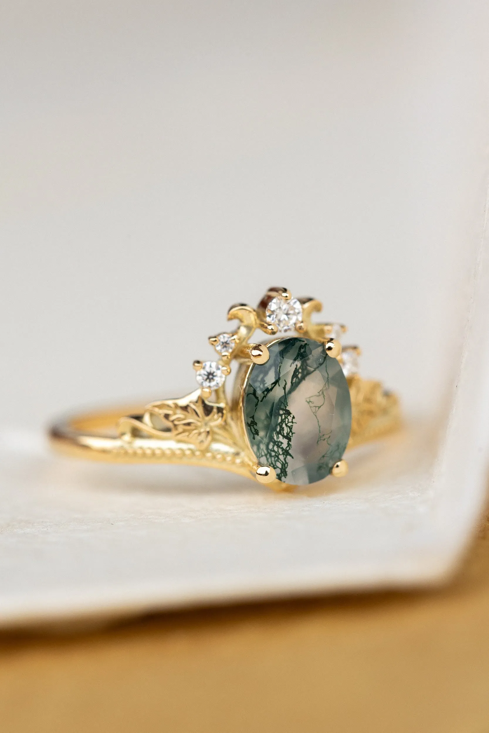 READY TO SHIP: Ariadne ring in 14K yellow gold, natural moss agate oval cut 8x6 mm, accent moissanites, AVAILABLE RING SIZES: 6-8US