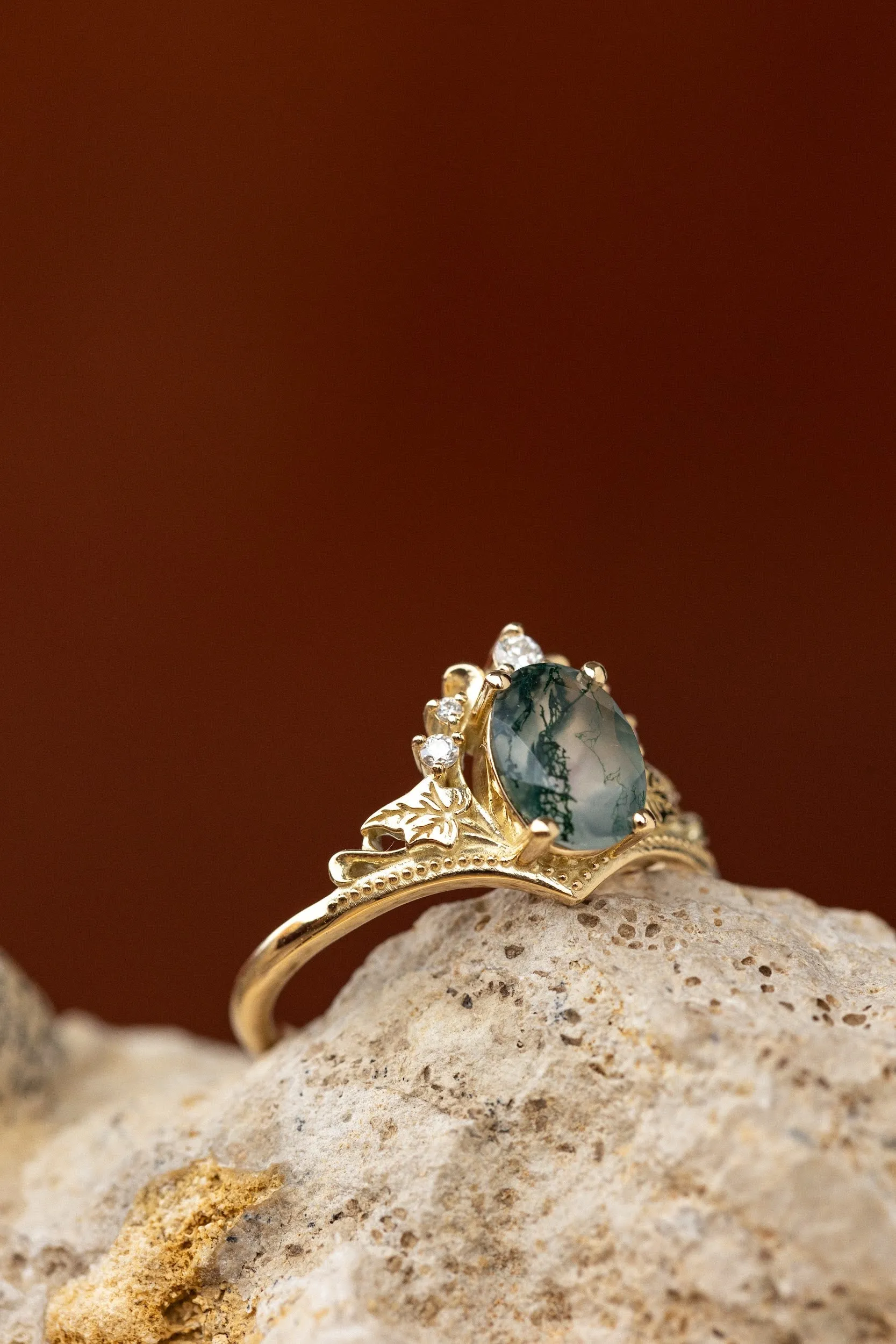 READY TO SHIP: Ariadne ring in 14K yellow gold, natural moss agate oval cut 8x6 mm, accent moissanites, AVAILABLE RING SIZES: 6-8US