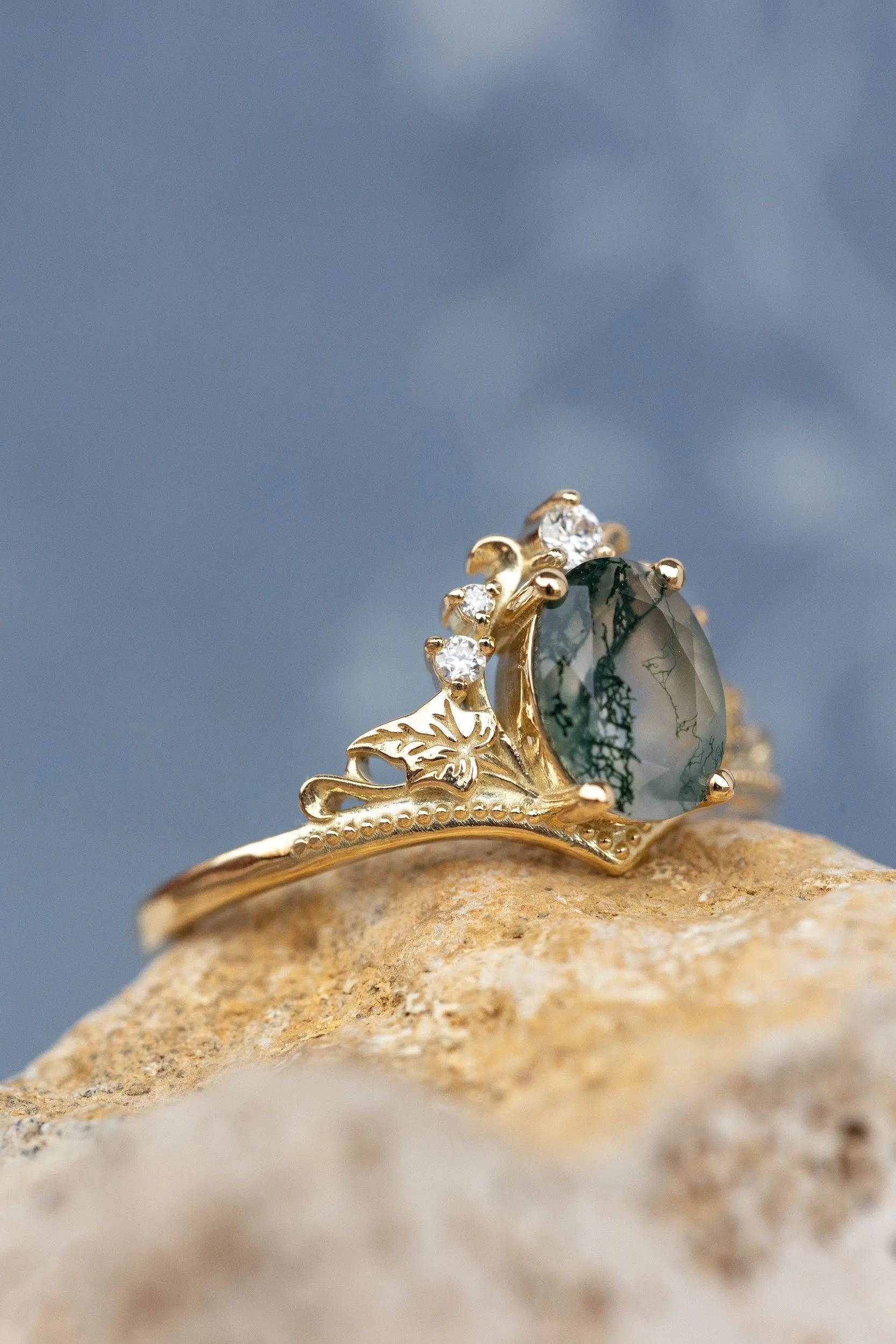 READY TO SHIP: Ariadne ring in 14K yellow gold, natural moss agate oval cut 8x6 mm, accent moissanites, AVAILABLE RING SIZES: 6-8US