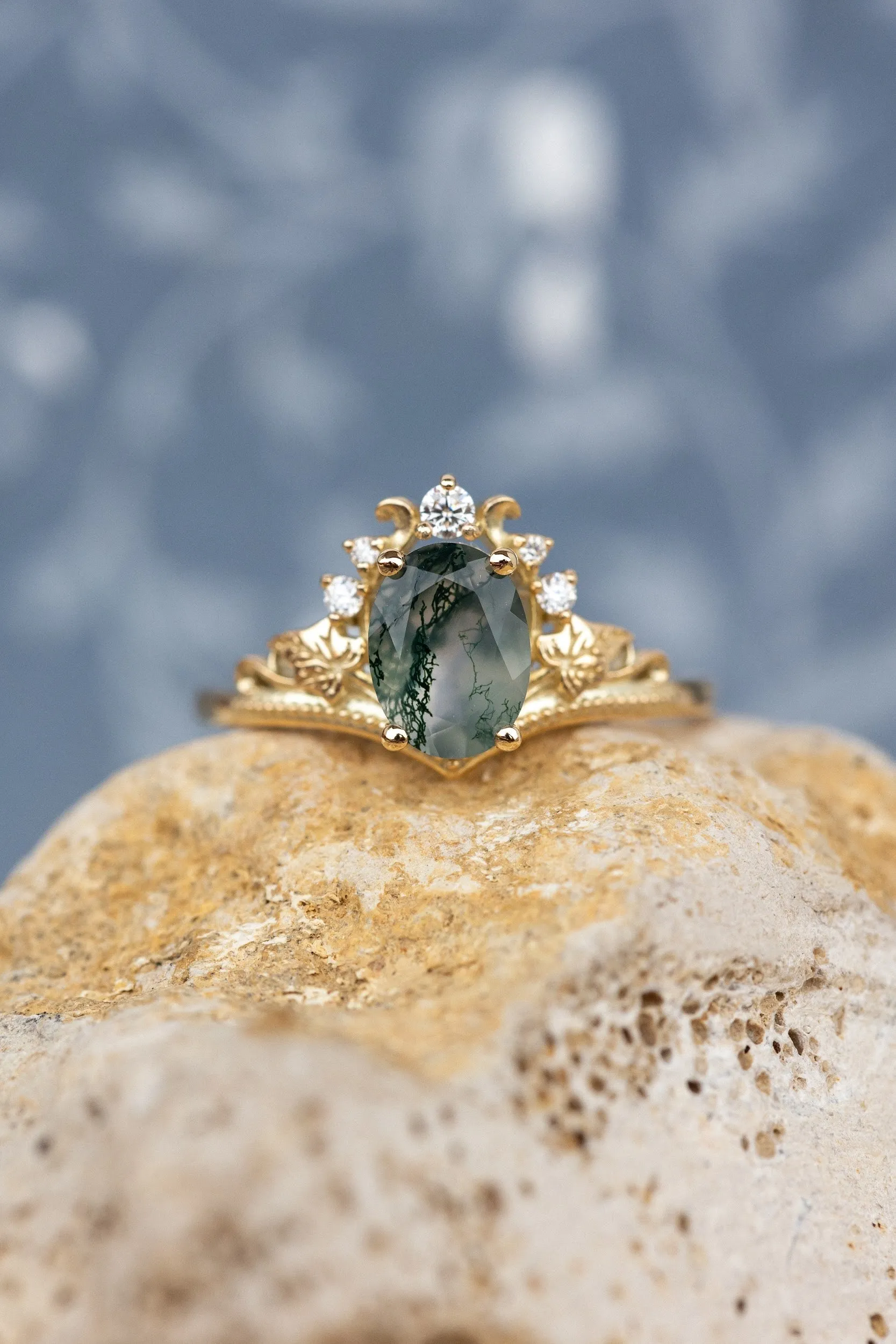 READY TO SHIP: Ariadne ring in 14K yellow gold, natural moss agate oval cut 8x6 mm, accent moissanites, AVAILABLE RING SIZES: 6-8US