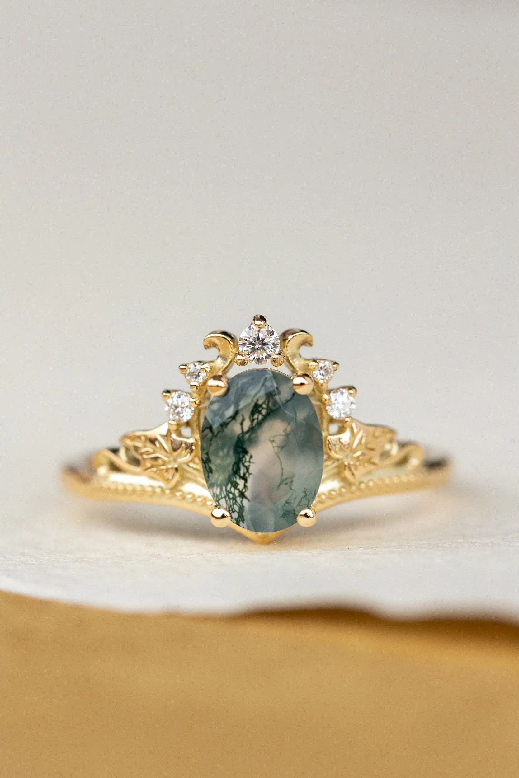 READY TO SHIP: Ariadne ring in 14K yellow gold, natural moss agate oval cut 8x6 mm, accent moissanites, AVAILABLE RING SIZES: 6-8US