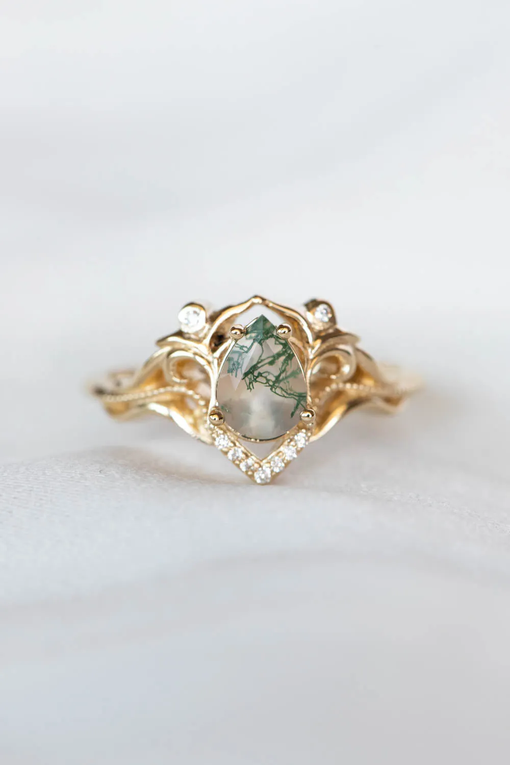 READY TO SHIP: Lida small in 14K yellow gold, pear moss agate 7x5 mm, moissanites, RING SIZE 6.5 US