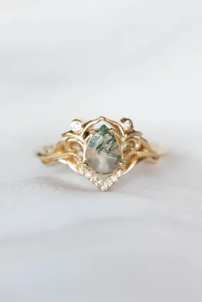 READY TO SHIP: Lida small in 14K yellow gold, pear moss agate 7x5 mm, moissanites, RING SIZE 6.5 US