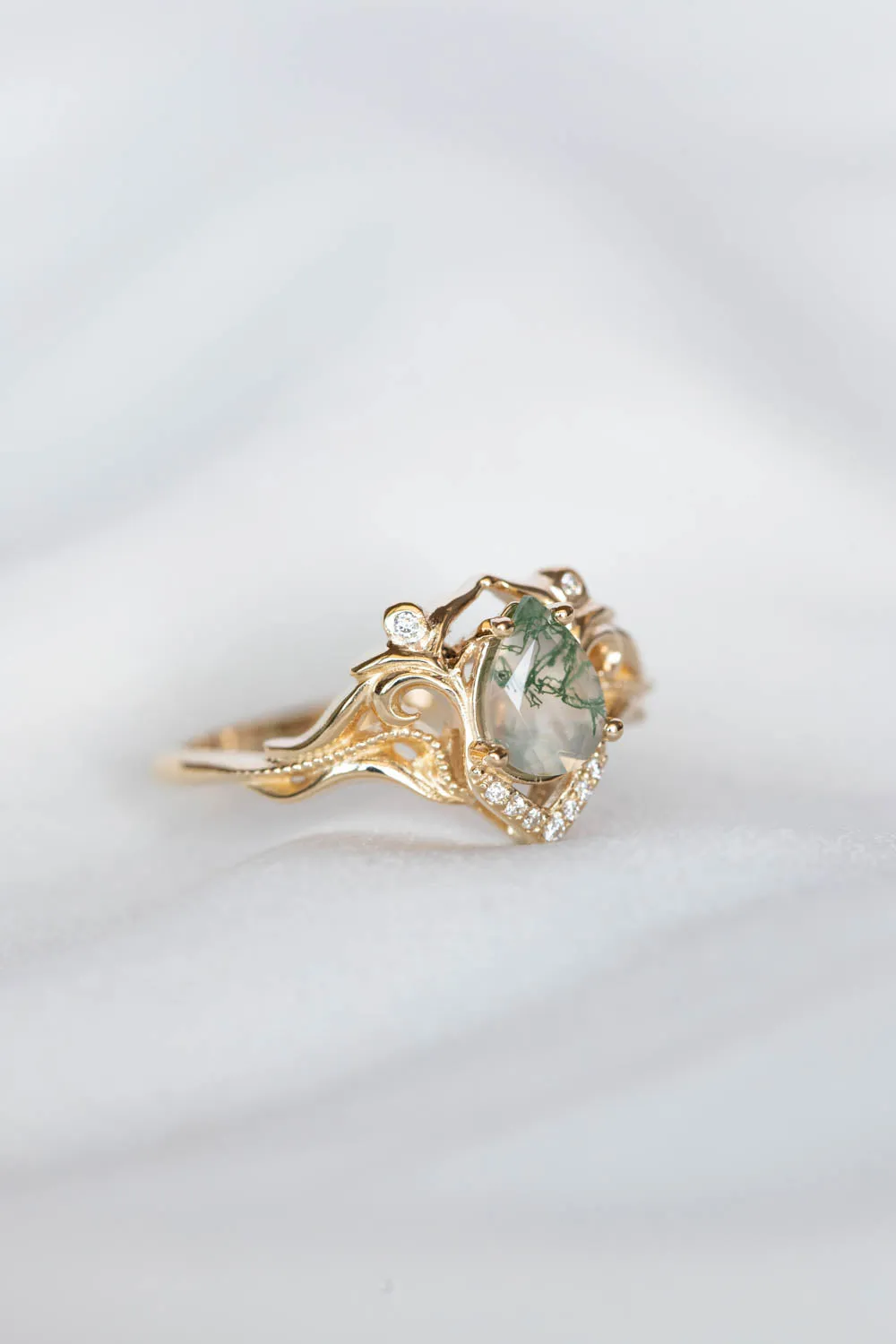 READY TO SHIP: Lida small in 14K yellow gold, pear moss agate 7x5 mm, moissanites, RING SIZE 6.5 US