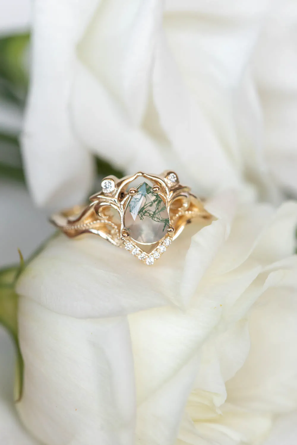 READY TO SHIP: Lida small in 14K yellow gold, pear moss agate 7x5 mm, moissanites, RING SIZE 6.5 US