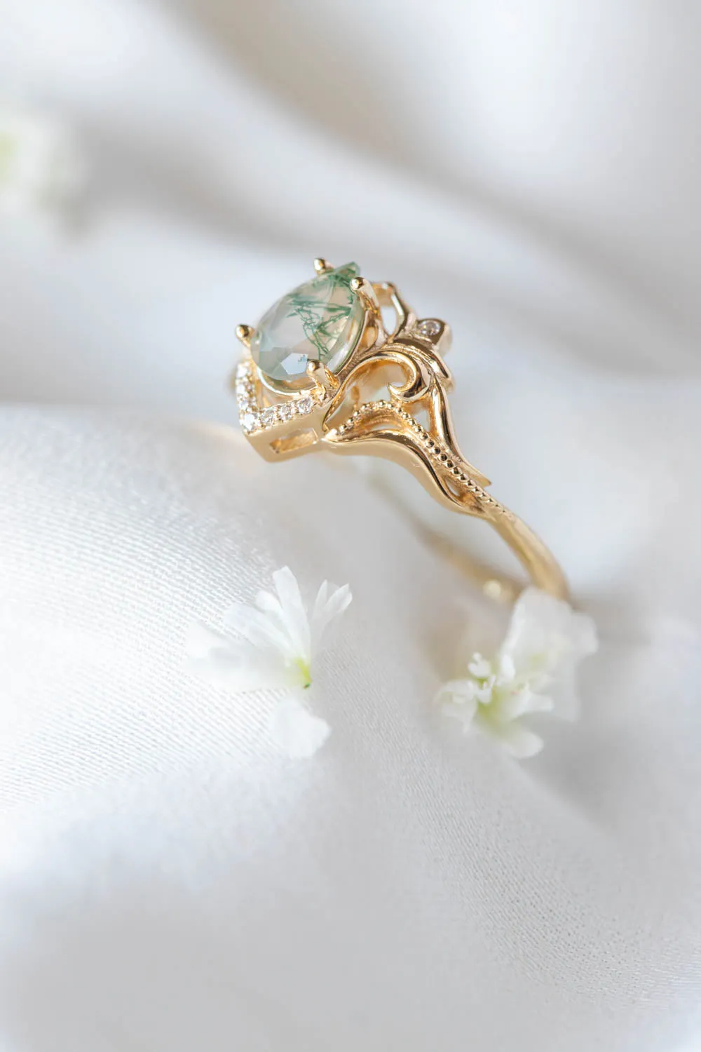 READY TO SHIP: Lida small in 14K yellow gold, pear moss agate 7x5 mm, moissanites, RING SIZE 6.5 US