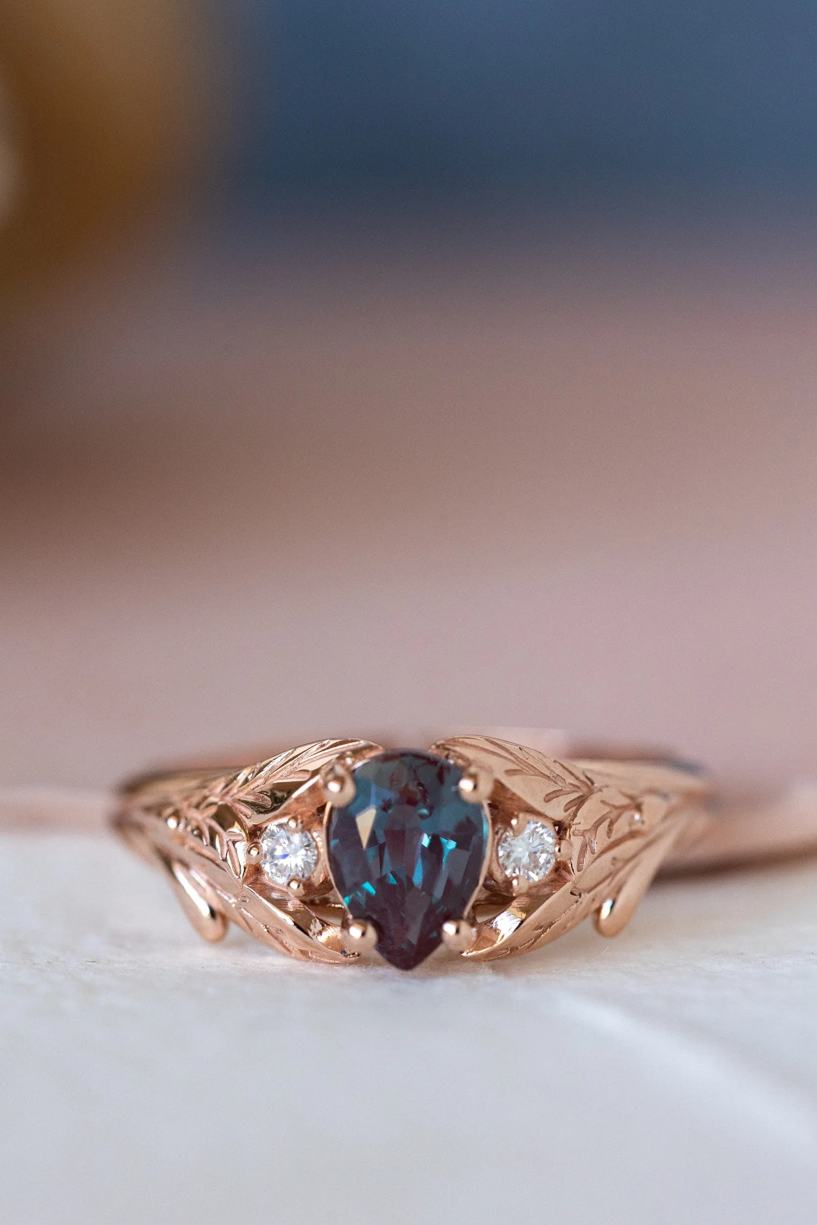 READY TO SHIP: Wisteria ring in 14K or 18K rose gold, lab alexandrite pear cut 7x5 mm, accent moissanites, AVAILABLE RING SIZES: 3.5-8.5US