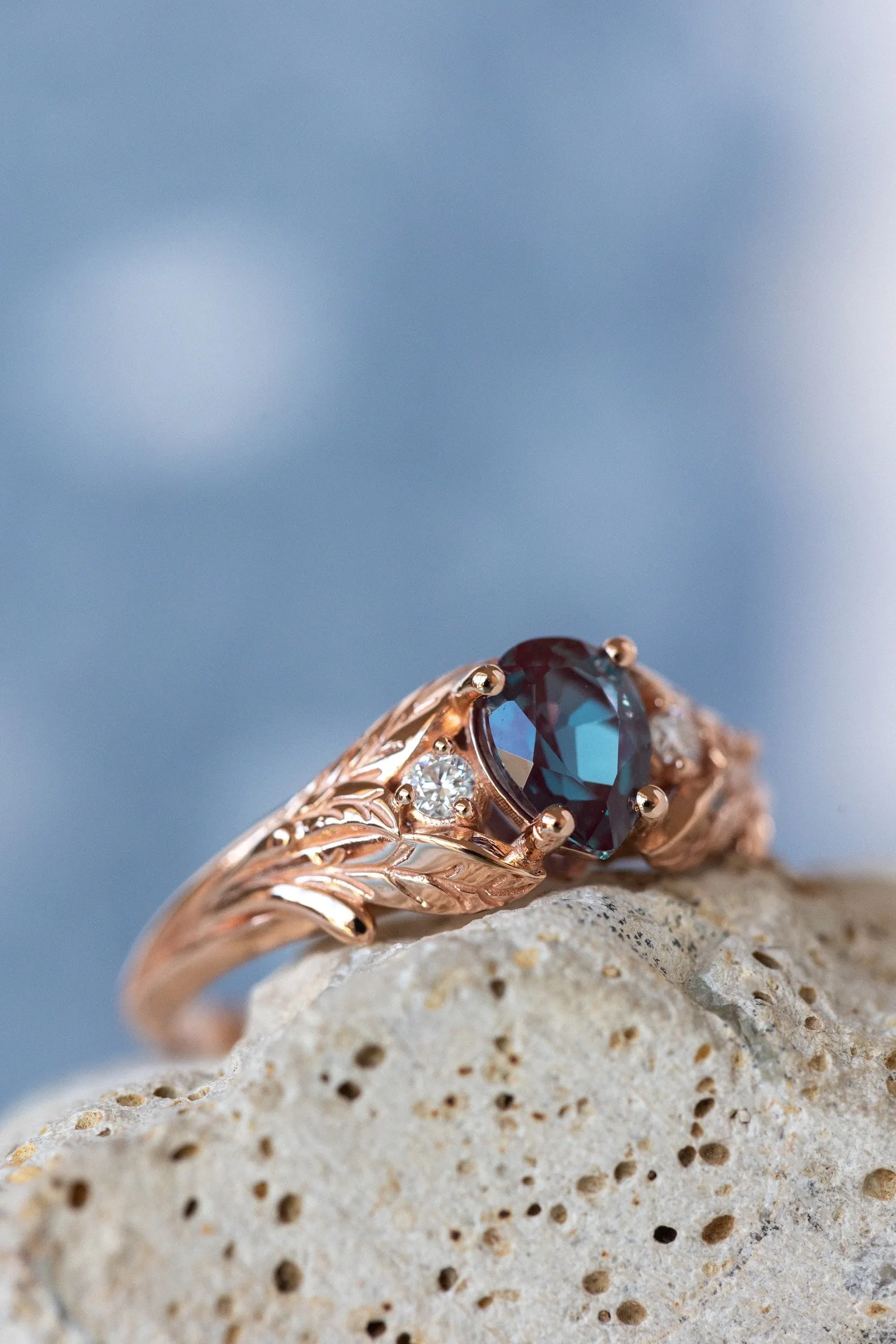 READY TO SHIP: Wisteria ring in 14K or 18K rose gold, lab alexandrite pear cut 7x5 mm, accent moissanites, AVAILABLE RING SIZES: 3.5-8.5US