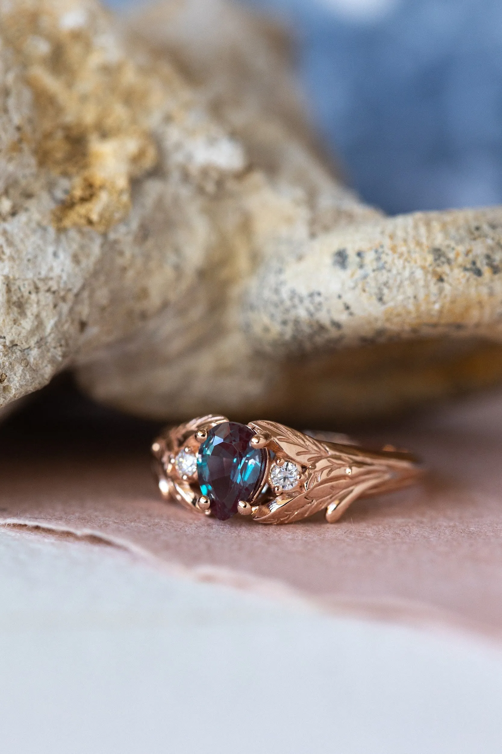 READY TO SHIP: Wisteria ring in 14K or 18K rose gold, lab alexandrite pear cut 7x5 mm, accent moissanites, AVAILABLE RING SIZES: 3.5-8.5US