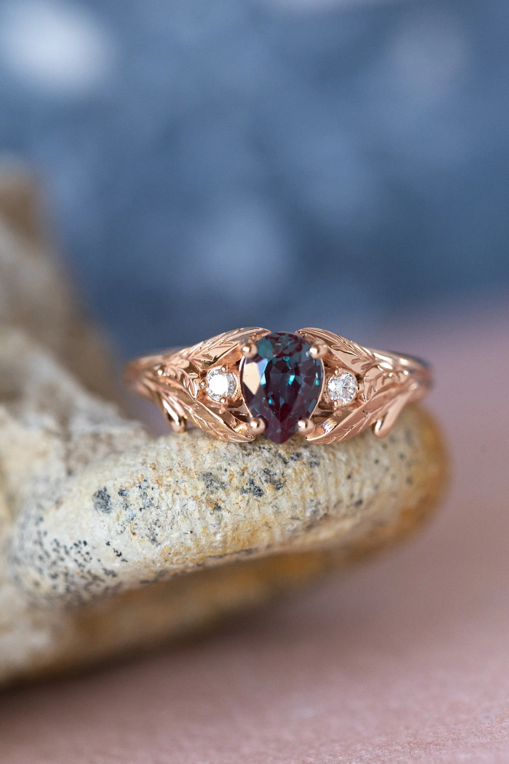 READY TO SHIP: Wisteria ring in 14K or 18K rose gold, lab alexandrite pear cut 7x5 mm, accent moissanites, AVAILABLE RING SIZES: 3.5-8.5US