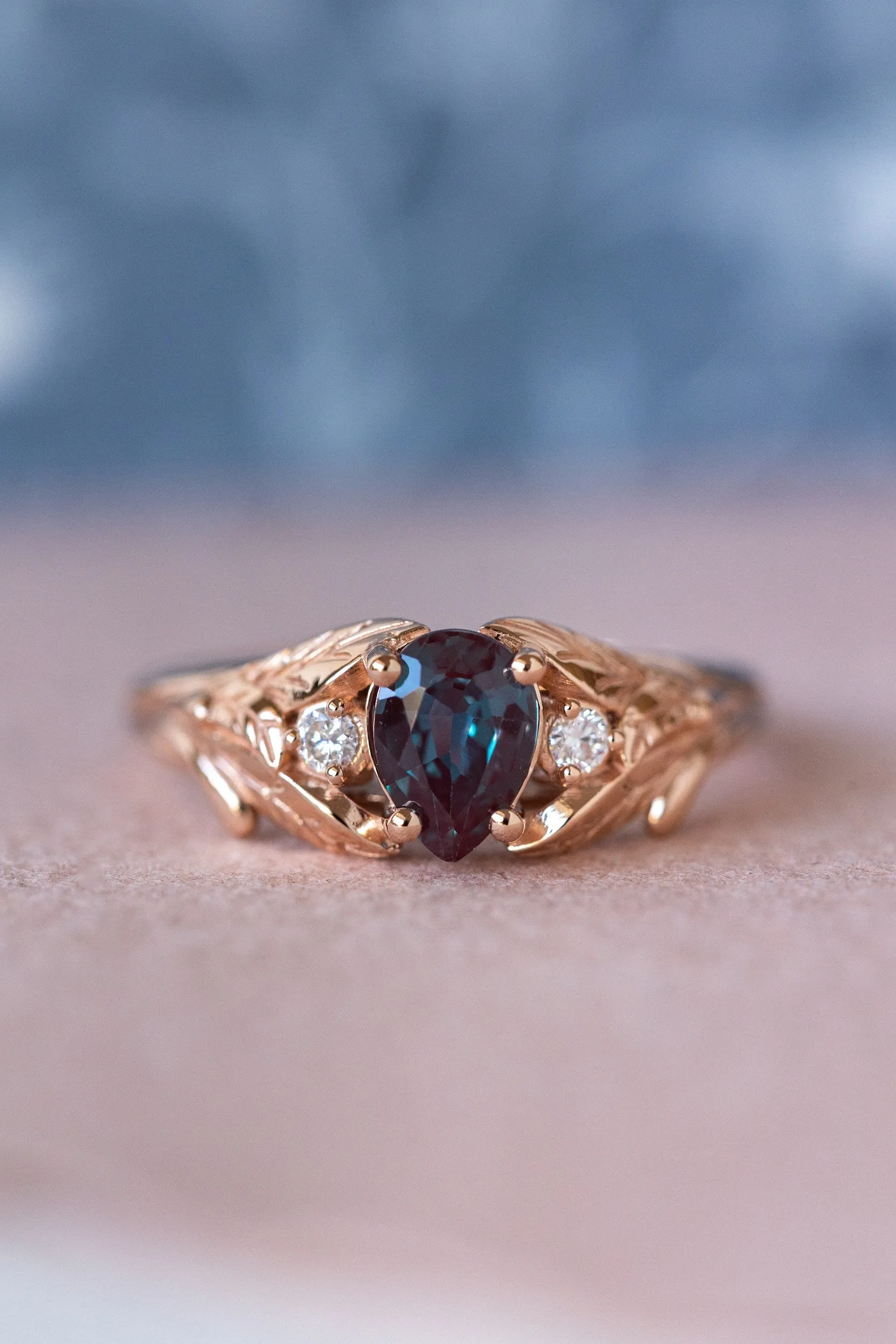 READY TO SHIP: Wisteria ring in 14K or 18K rose gold, lab alexandrite pear cut 7x5 mm, accent moissanites, AVAILABLE RING SIZES: 3.5-8.5US