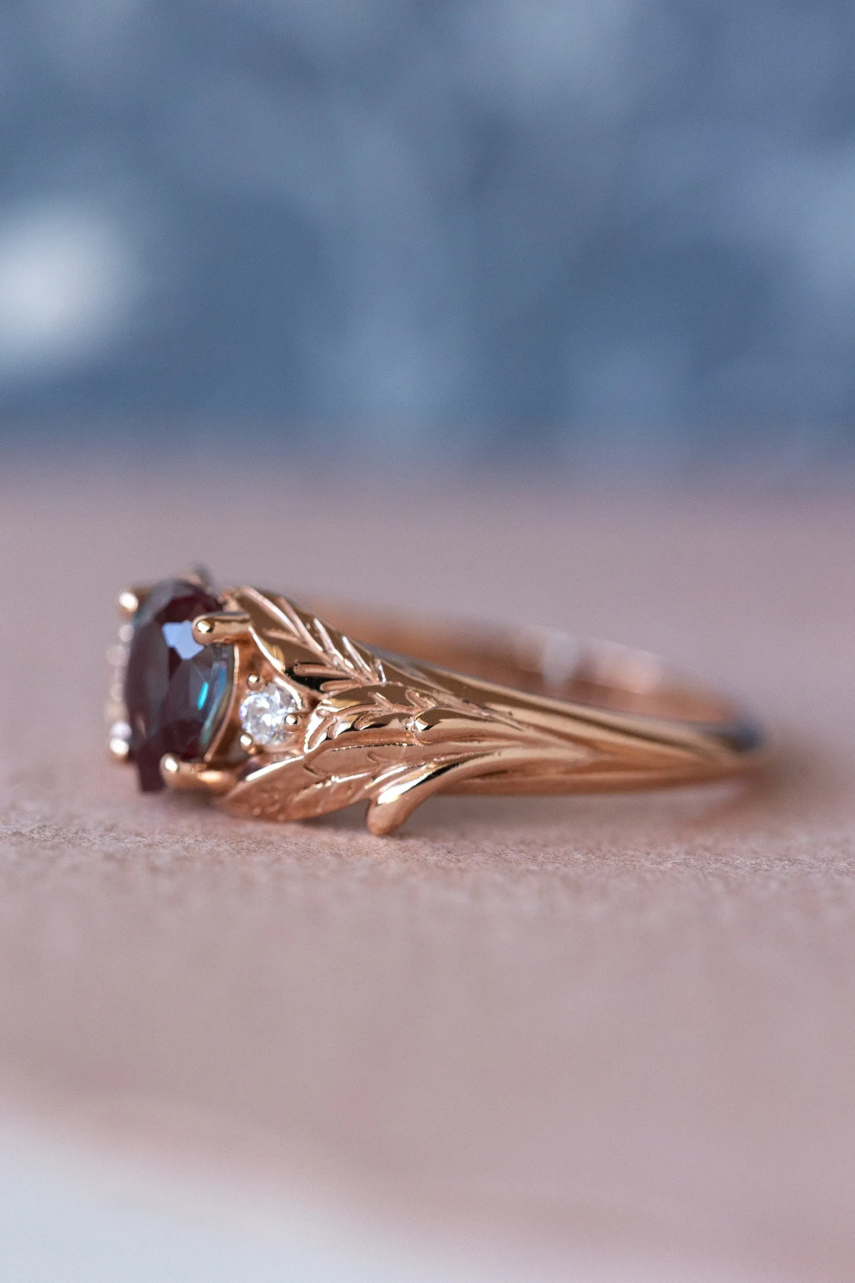 READY TO SHIP: Wisteria ring in 14K or 18K rose gold, lab alexandrite pear cut 7x5 mm, accent moissanites, AVAILABLE RING SIZES: 3.5-8.5US