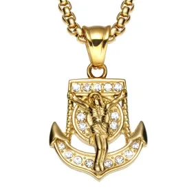 Rhinestone-Studded Gold-Plated King Jesus Bling 316L Stainless Steel Hip-hop Pendant Necklace