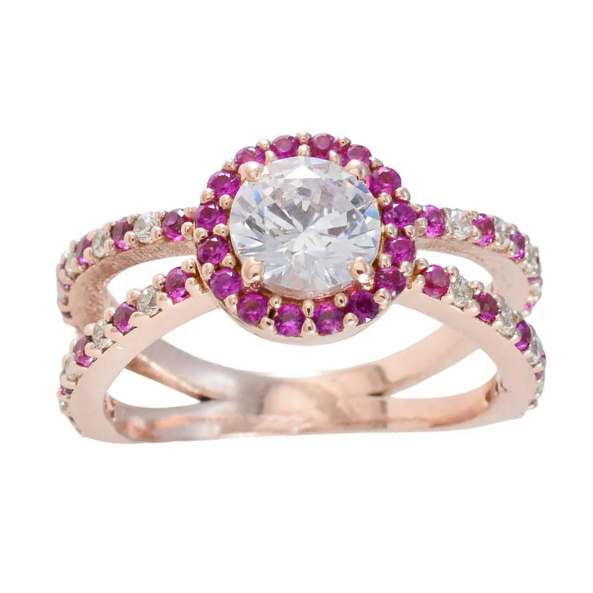 Riyo Bulk Silver Ring With Rose Gold Plating Ruby CZ Stone Round Shape Prong Setting Stylish Jewelry Christmas Ring